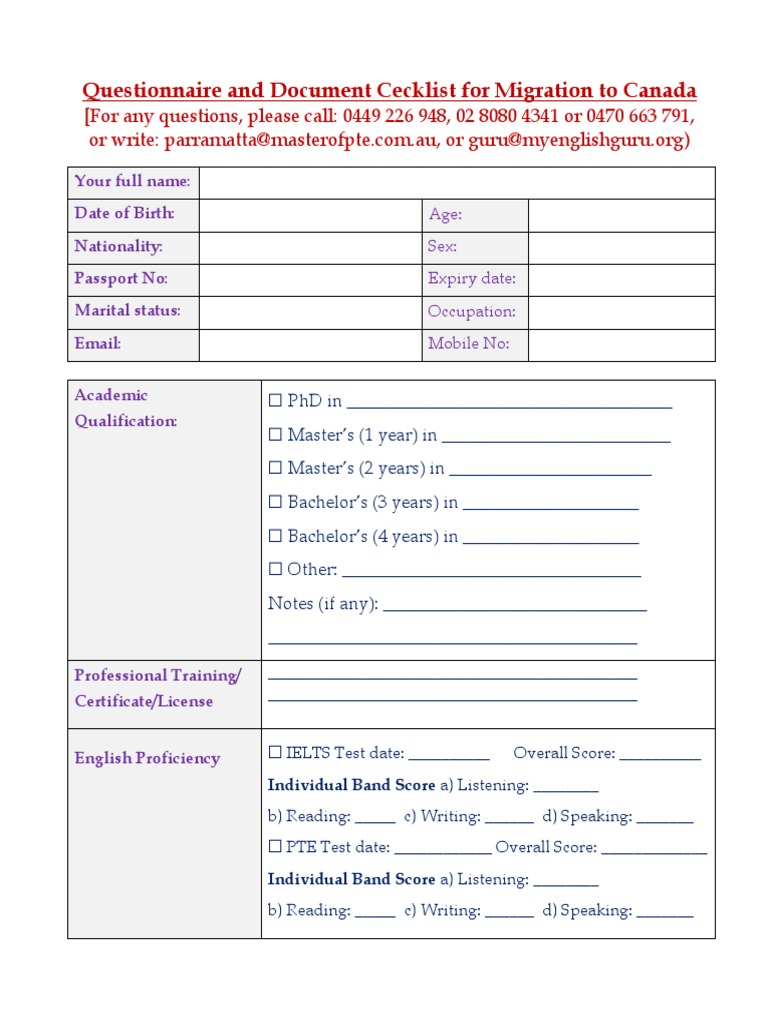 Canada Migration Questionnaire | PDF | Business