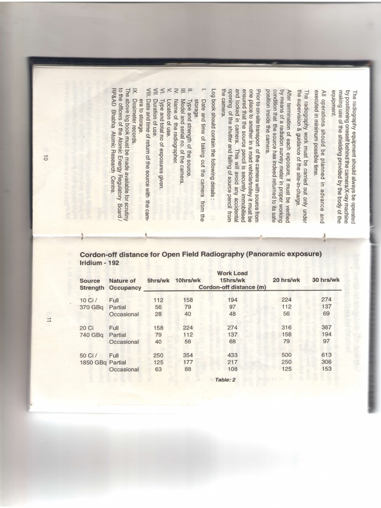 Cordonoff Distances for Open Field Radiography Using Iridium192