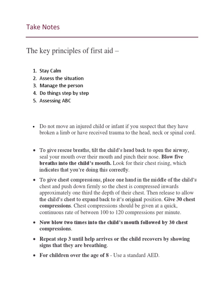 The Key Principles of First Aid - : Take Notes | PDF | Burn | Wound