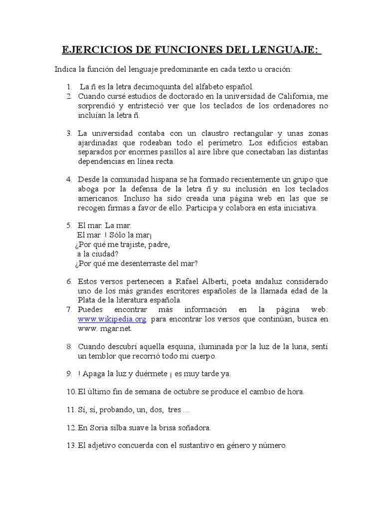 Ejercicios de Funciones Del Lenguaje | PDF | Red mundial | Internet y web