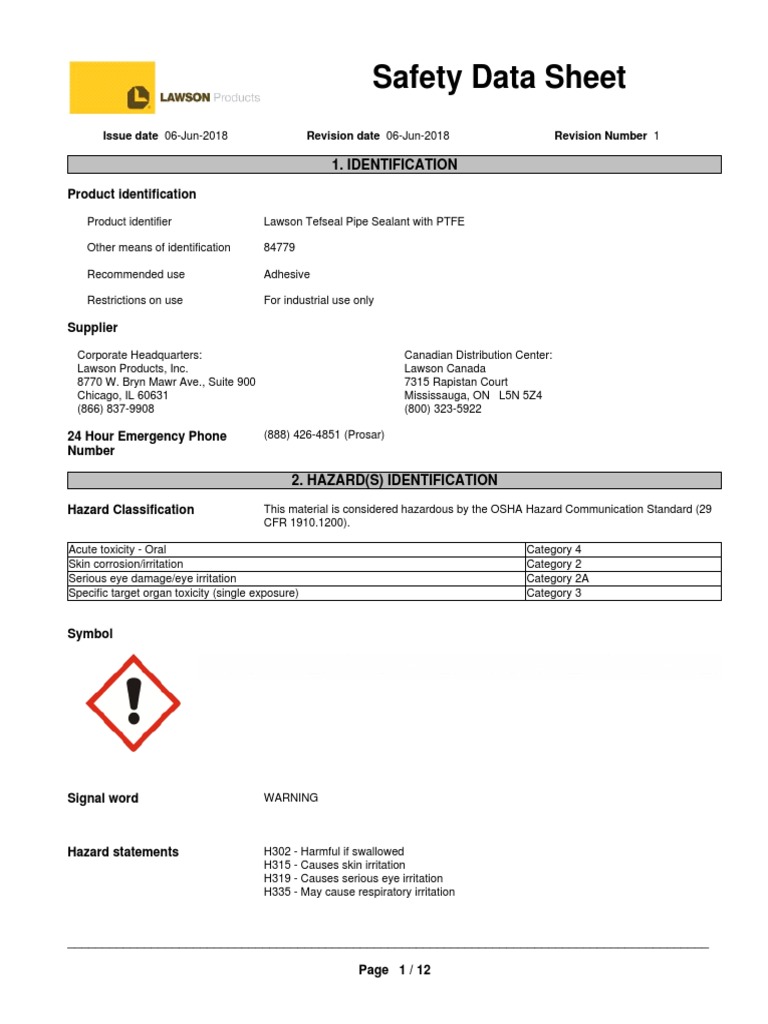 Pipe Sealant MSDS PDF Toxicity Dangerous Goods