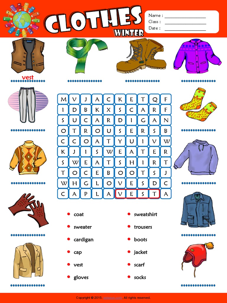 Winter Clothes Esl Vocabulary Word Search Worksheet For Kids PDF