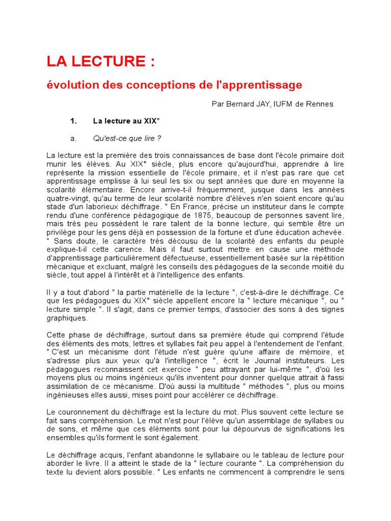Définition et évolution de la lecture | PDF | Apprentissage de la ...