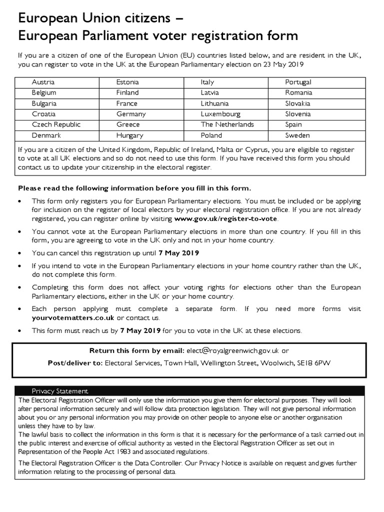 Eu Form | PDF | Voter Registration | Information Privacy