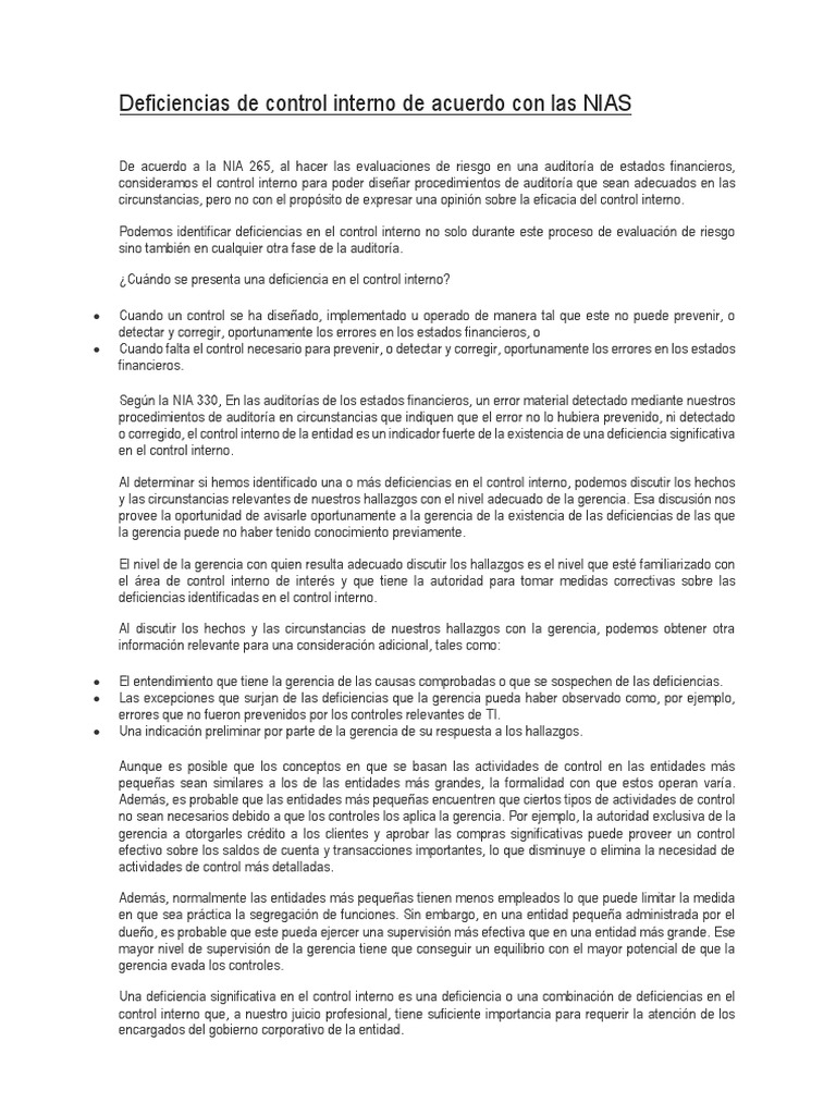 Evaluación de deficiencias de control interno según las Normas ...