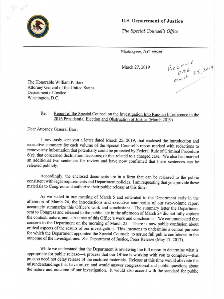 Mueller Barr Letter | PDF