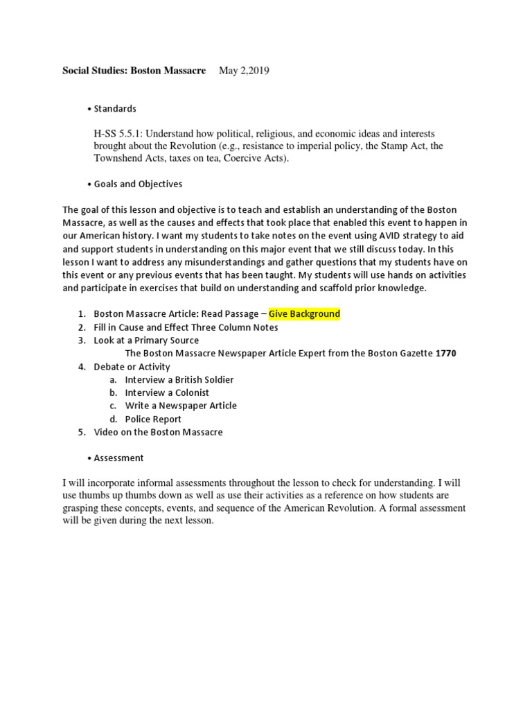 Social Studies American Revolution Lesson PDF