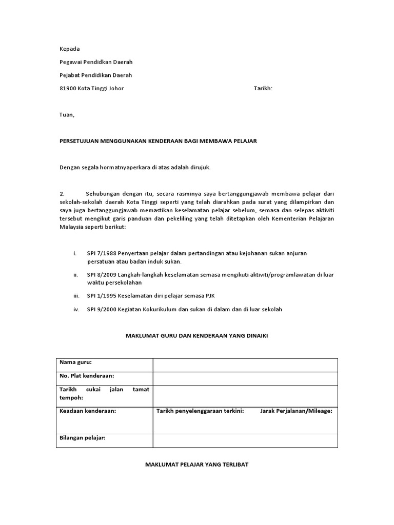 Surat Kebenaran Membawa Pelajar Menggunakan Kenderaan Sendiri | PDF