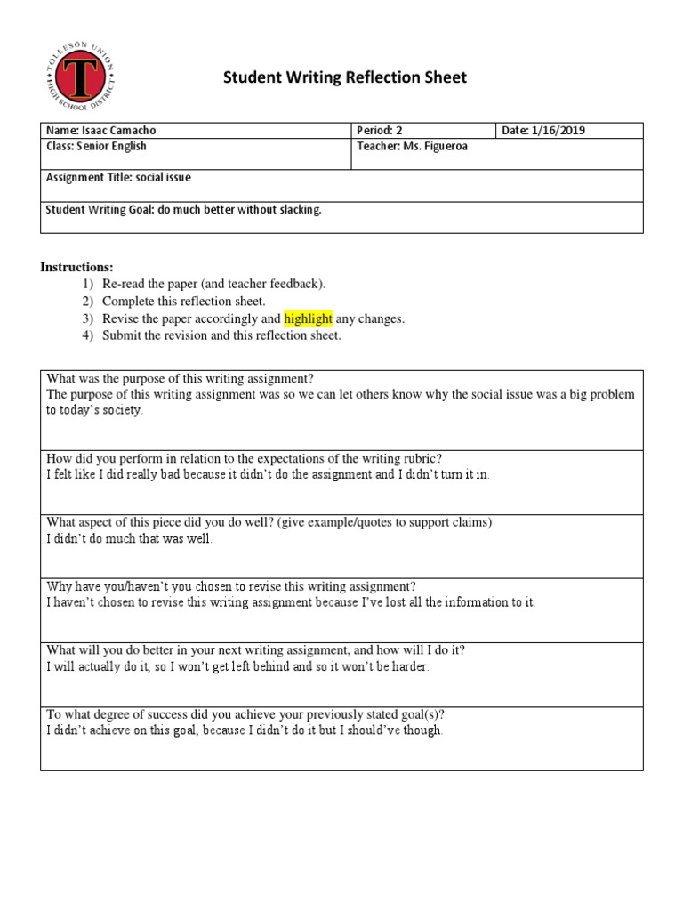 Student Writing Reflection Guide | PDF | Cognition | Behavior Modification