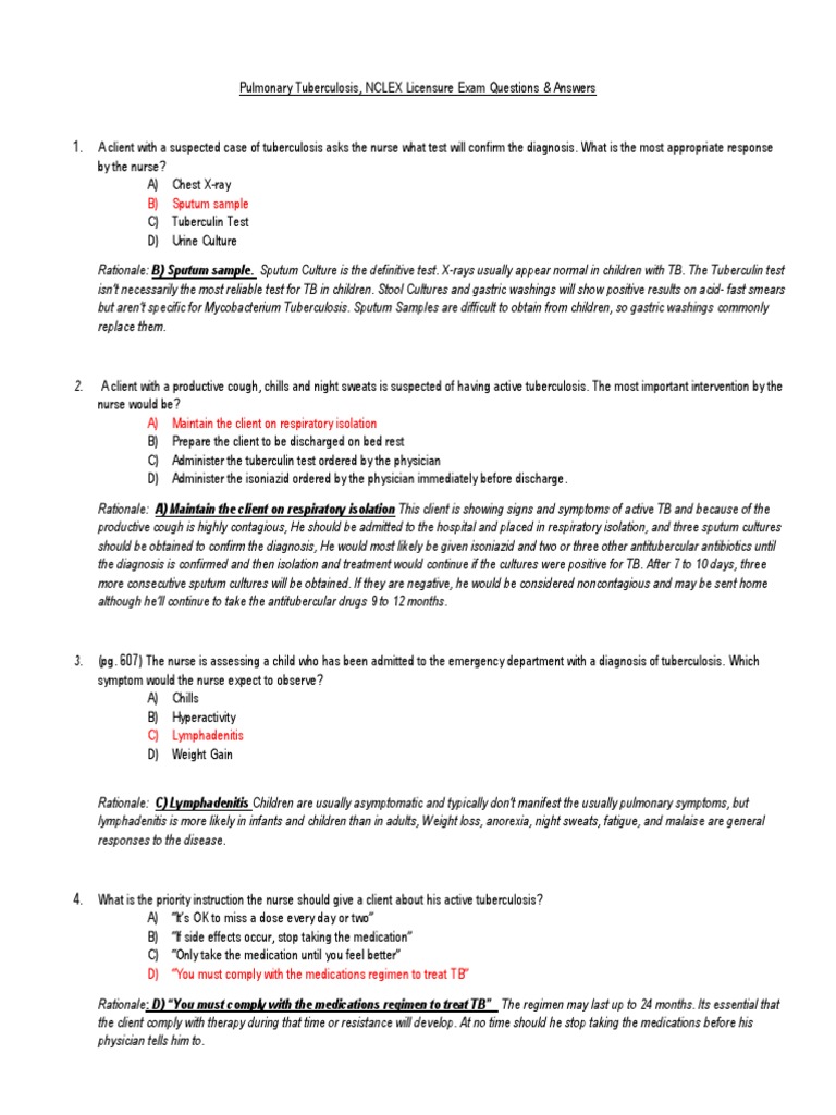 NCLEX Questions on Tuberculosis | PDF | National Council Licensure ...