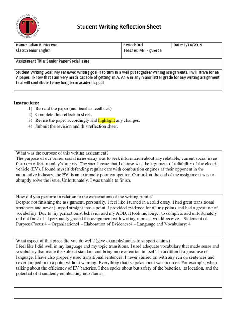 Senior Portfolio Reflection Sheet Social Issue Pdf Goal Essays