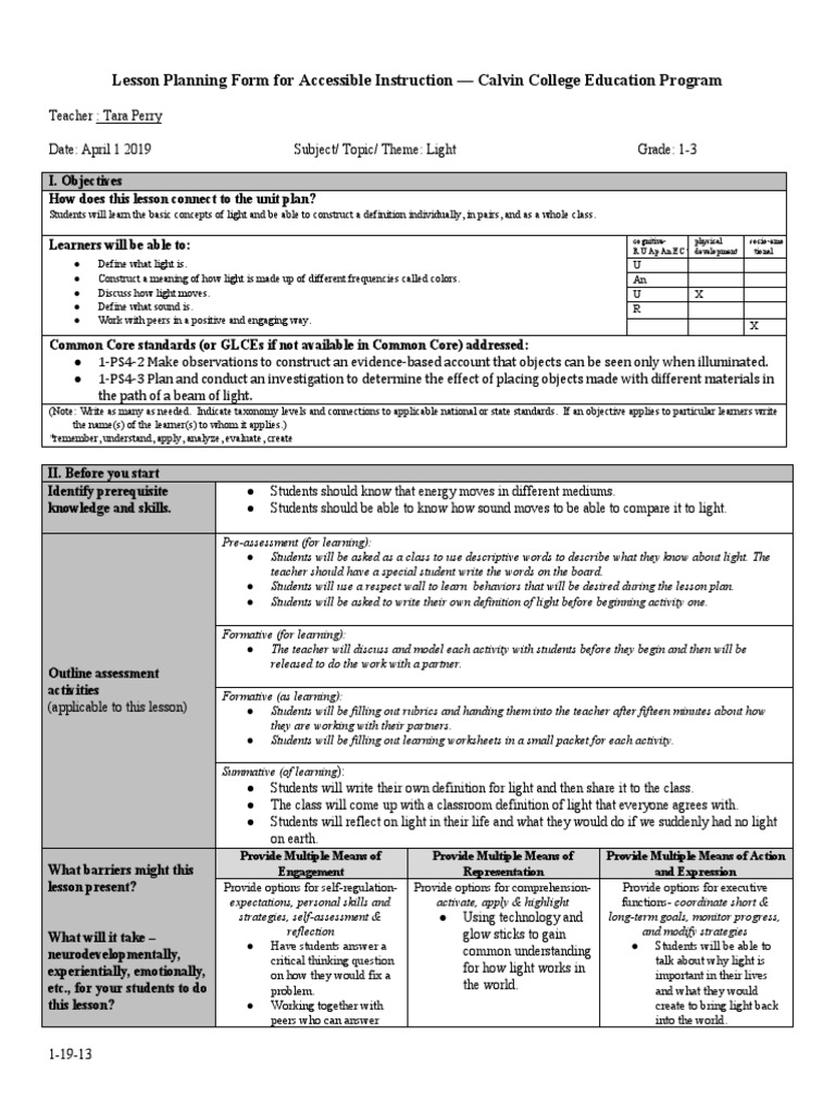 Accessible Light Lesson Plan for Grades 1-3 | PDF | Lesson Plan | Light