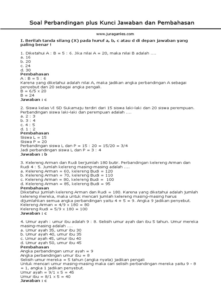 Soal Perbandingan Plus Kunci Jawaban Dan Pembahasan