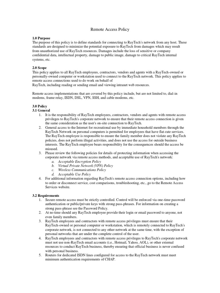 RayTech Remote Access Policy PDF Computer Network Virtual Private
