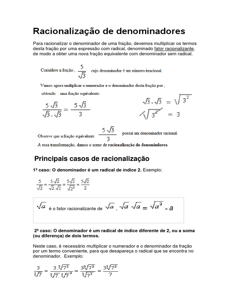 Racionalização de Radicais | PDF | Exponenciação | Fração (Matemática)