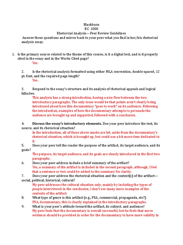 Discuss the essay’s introductory elements. Doe your peer introduce the text, its Fallacy