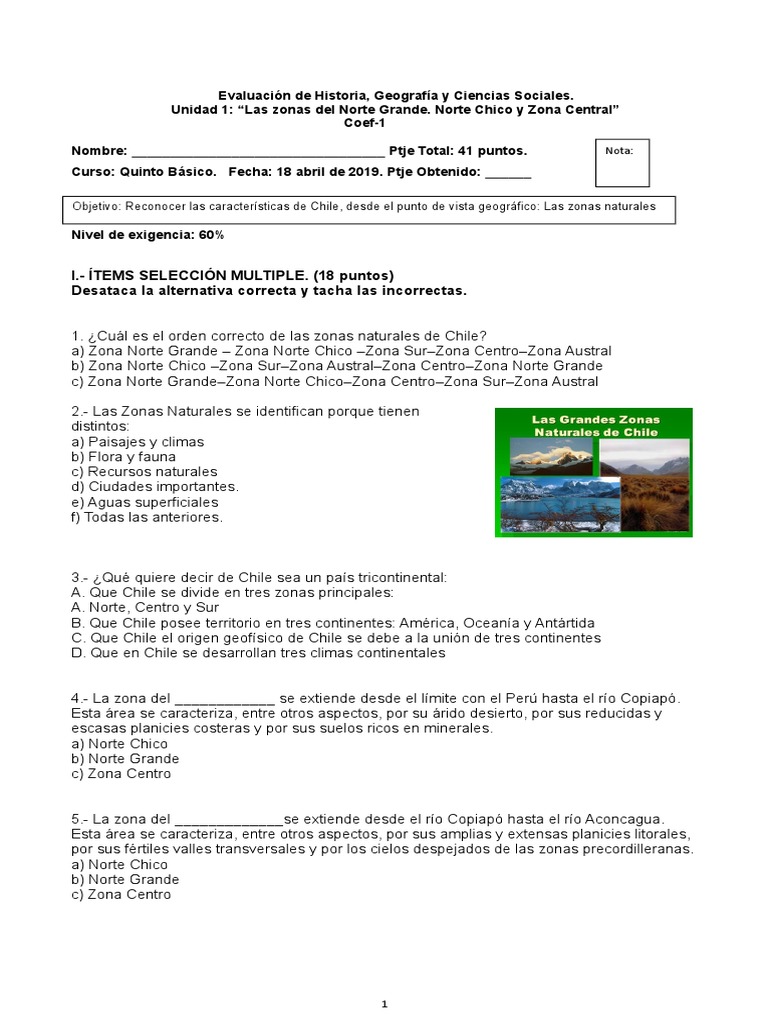 Prueba Zonas Naturales de Chile 5° Básico | PDF | Chile | Andes