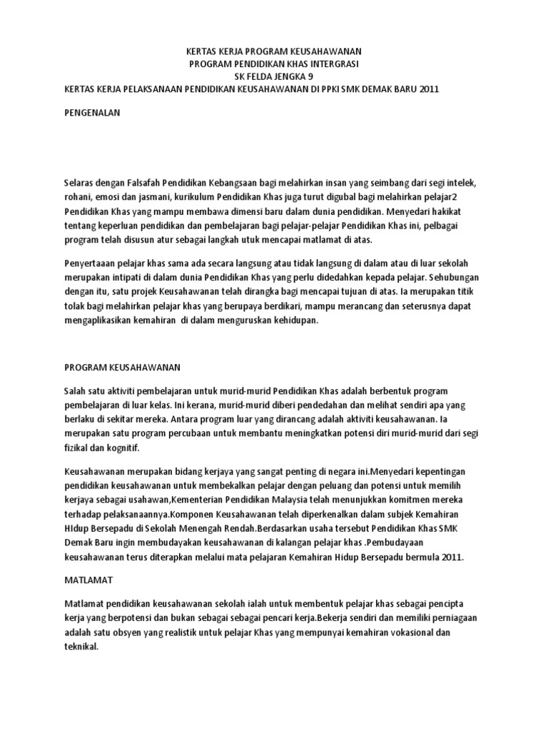 Kertas Kerja Program Keusahawanan Pdf