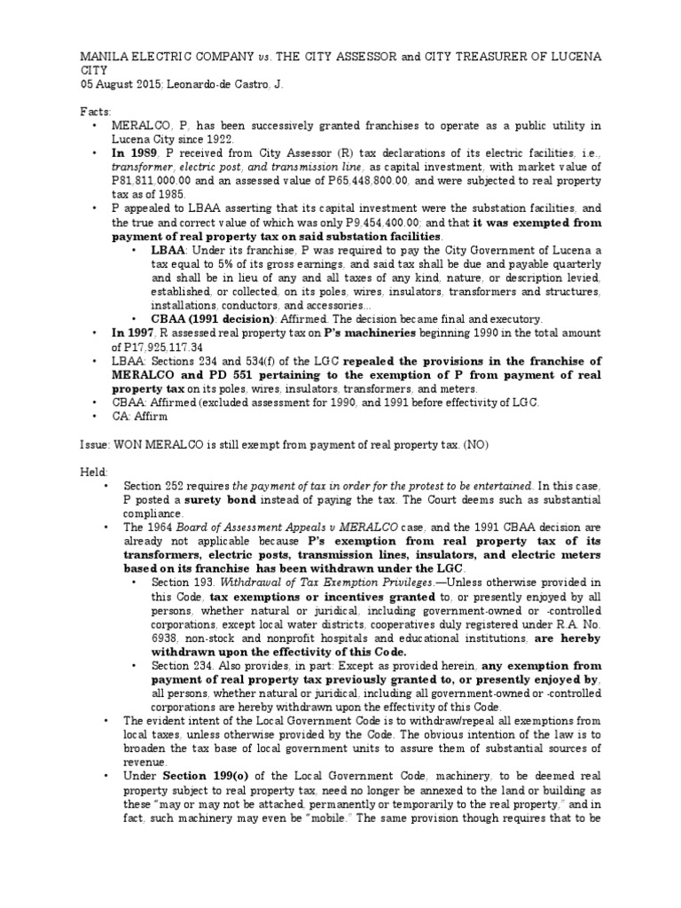 Assessing Real Property Tax on Manila Electric Company's Facilities in