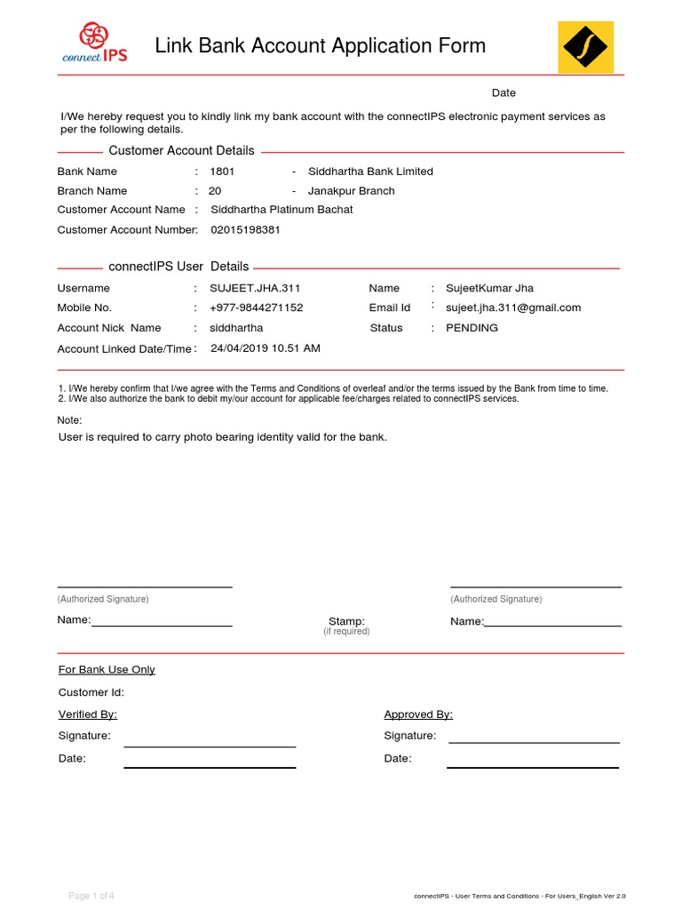 Link Bank Account Application Form | PDF | Indemnity | Payments