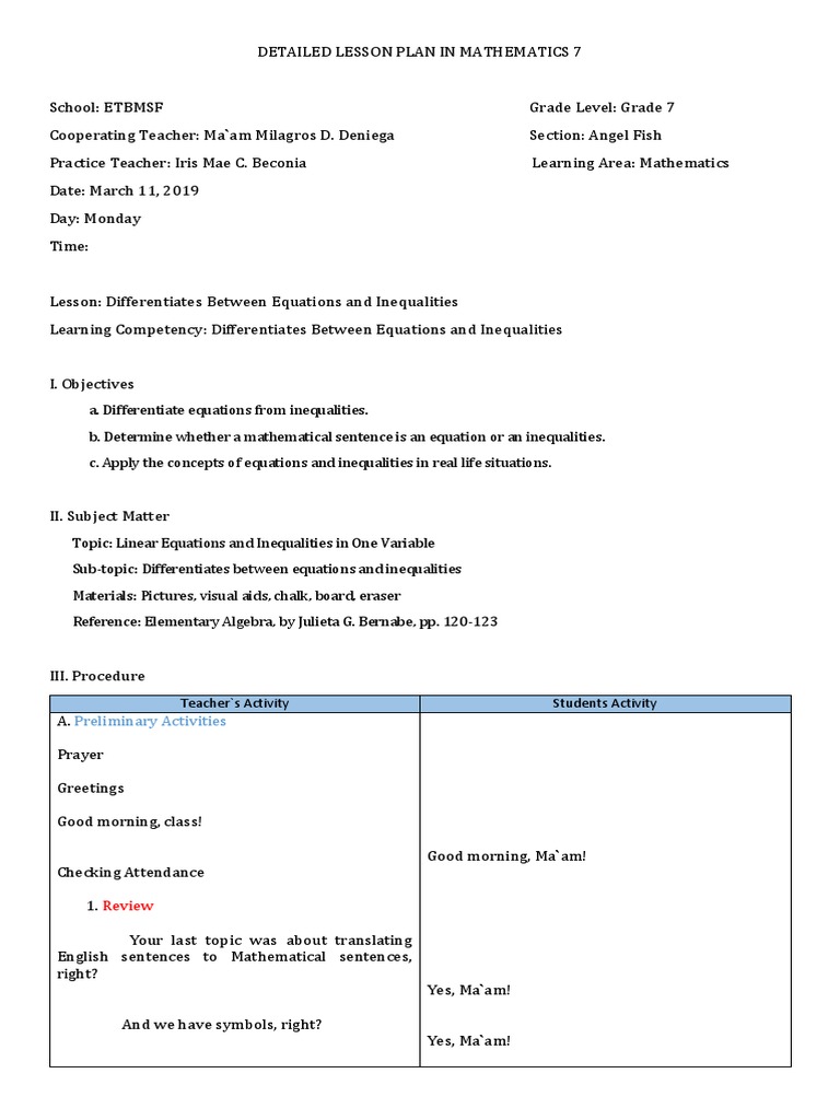 Equations vs. Inequalities in Math 7 | PDF | Equations | Algebra