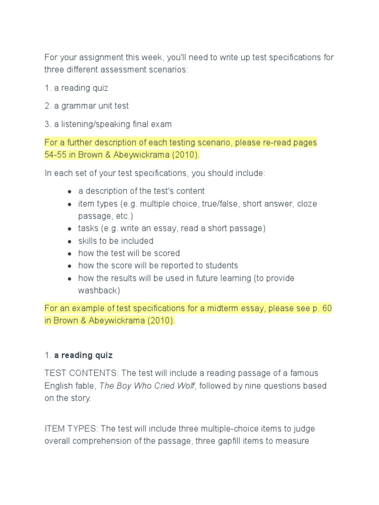 Test Specifications | PDF | Test (Assessment) | Reading Comprehension