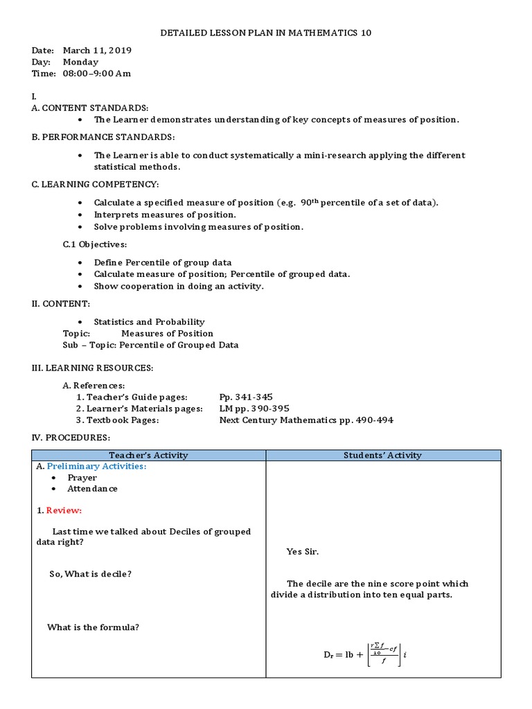 Lesson Plan: Percentiles in Data | PDF | Percentile | Lesson Plan