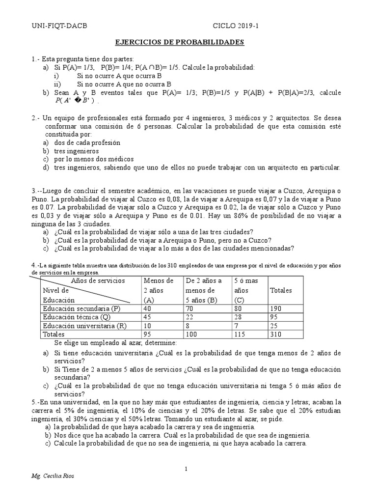 EJERCICIOS DE PROBABILIDADES 2019-1-Resp | PDF | Probabilidad ...