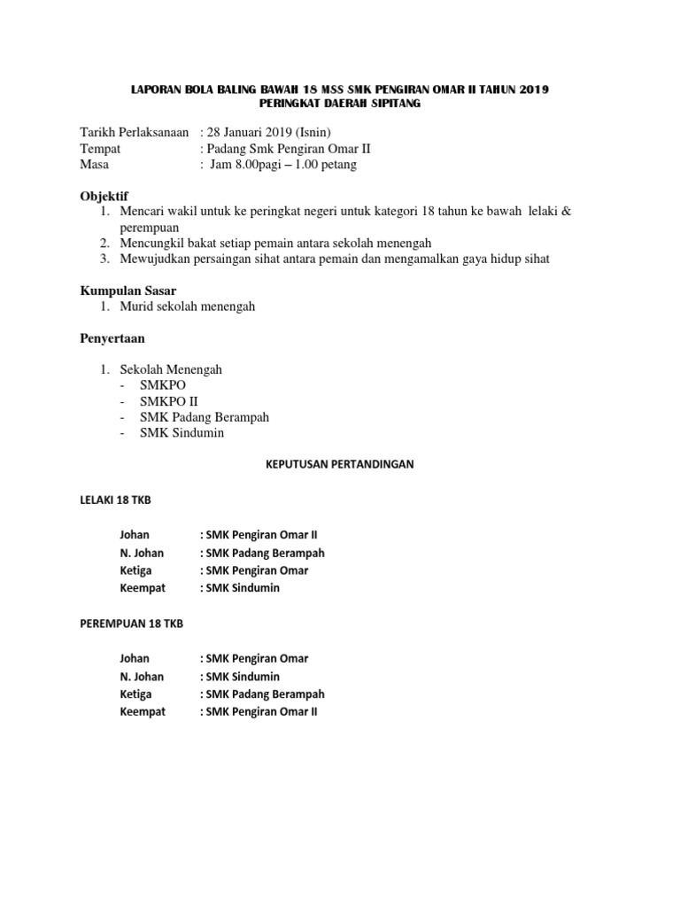 Laporan Penuh Bola Baling 18tkb Mss Sipitang 2019 Smpo Ii Pdf