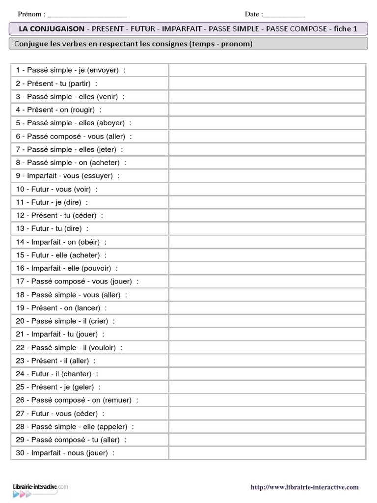 Exercices Imparfait Passé Simple 6ème Pdf Present Futur Imparfait Passe Compose Passe Simple | PDF | Verbe |  Morphologie