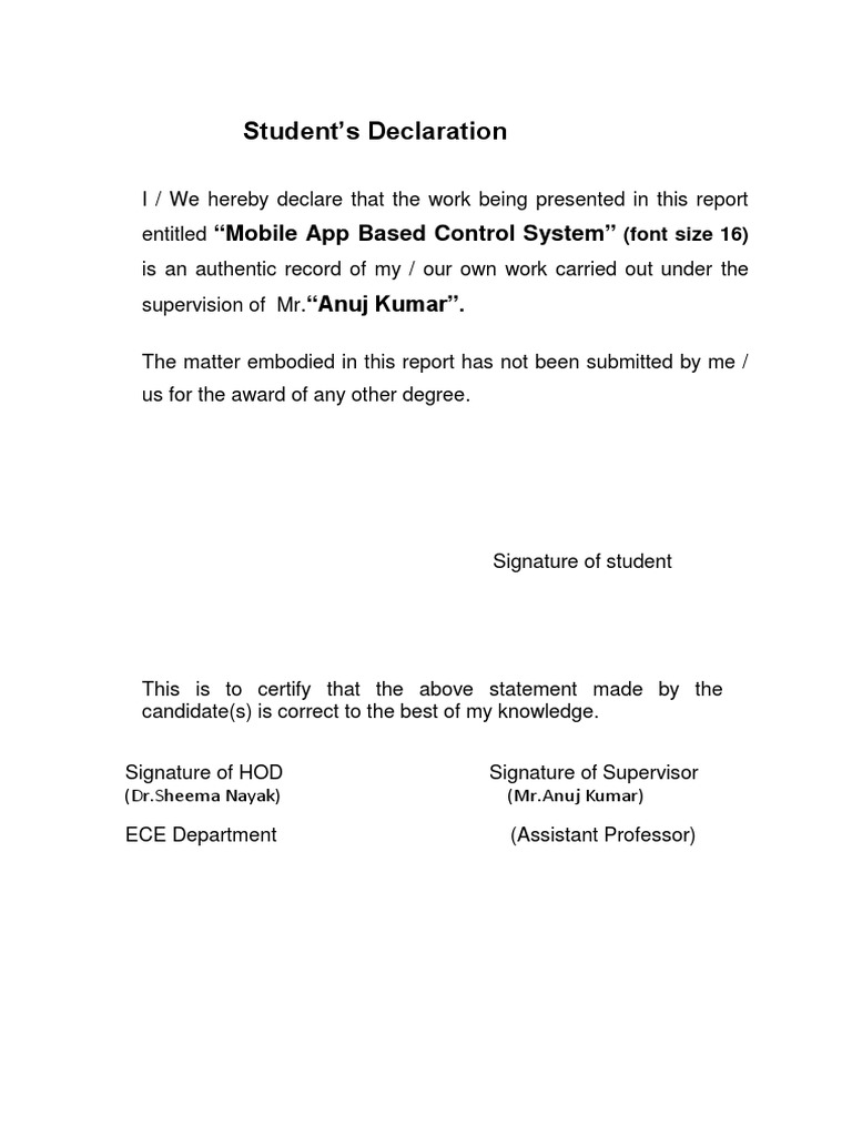 Student's Declaration: 