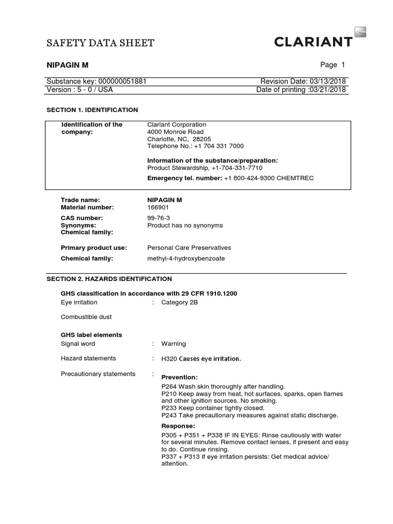 Safety Data Sheet for Methyl4Hydroxybenzoate (Methyl Paraben) PDF