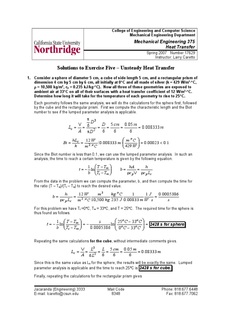 Unsteady Heat Transfer Solutions | PDF