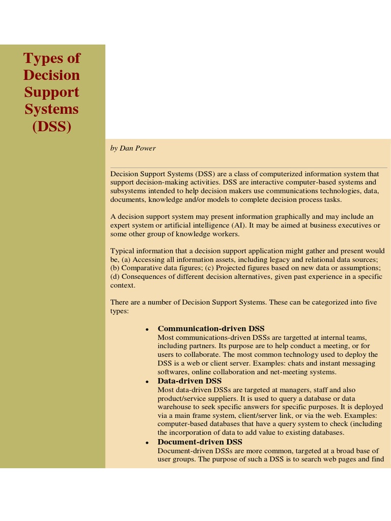Types of Decision Support Systems | PDF | Decision Support System ...