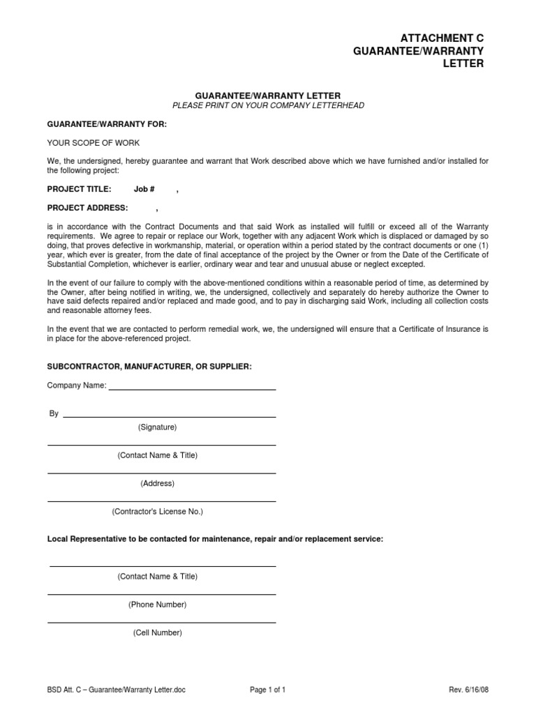 BSD Sample Warranty Letter | PDF | Contract Law | Law Of Obligations