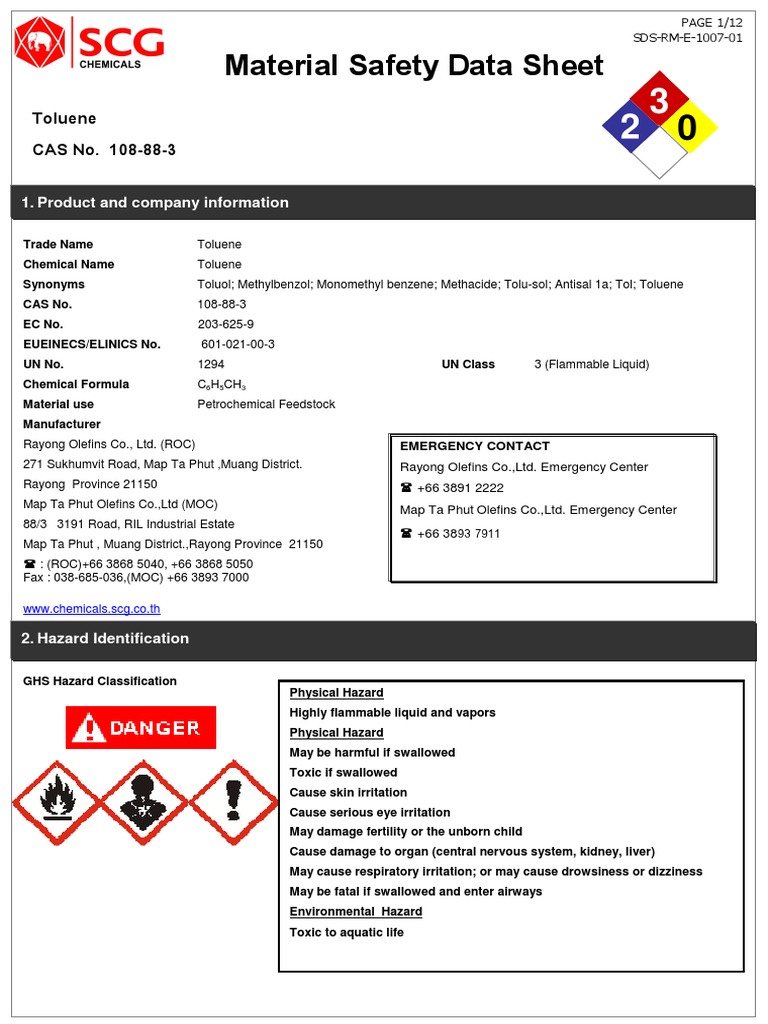 MSDS Toluene Dangerous Goods Carbon