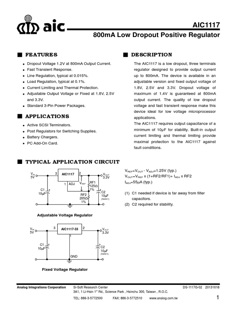 AIC1117-33 Low Dropout Regulator Datasheet | PDF | Capacitor ...