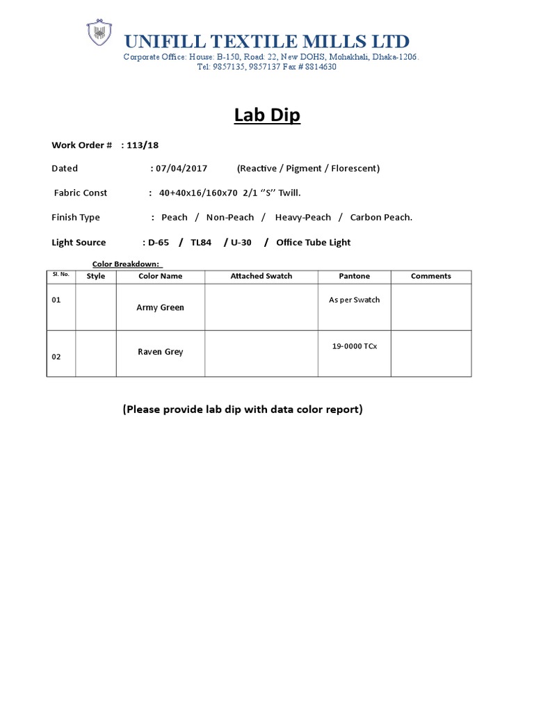 Unifill Textile Lab Dip Order 113/18 | PDF