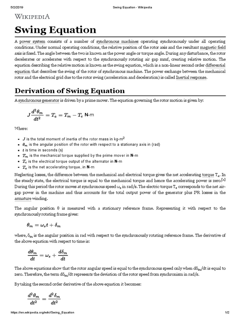 Swing Equation Electrical Engineering Physical Quantities