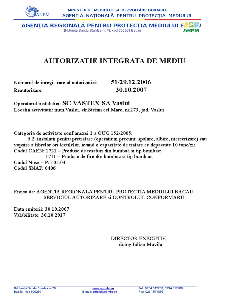 Autorizatie Integrata De Mediu 51 29 12 2006 30 10 2007 Sc Vastex Sa Vaslui