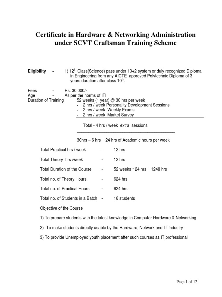 Certificate in Hardware & Networking Administration Under SCVT Craftsman Training Scheme PDF