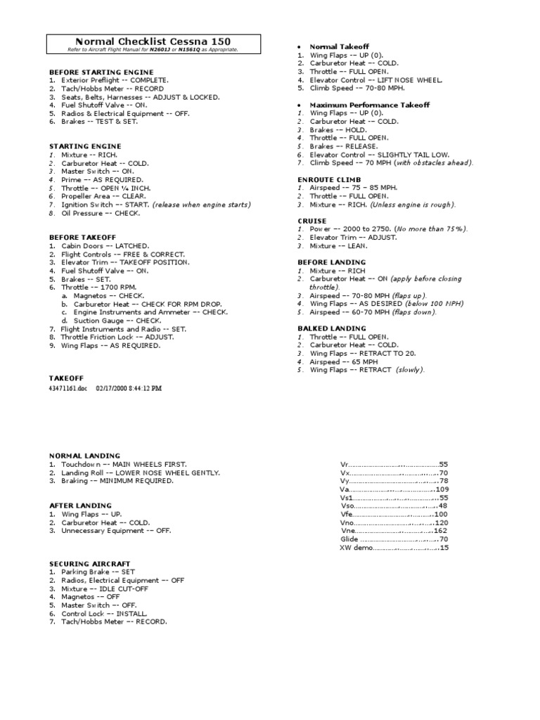 Normal Checklist Cessna 150