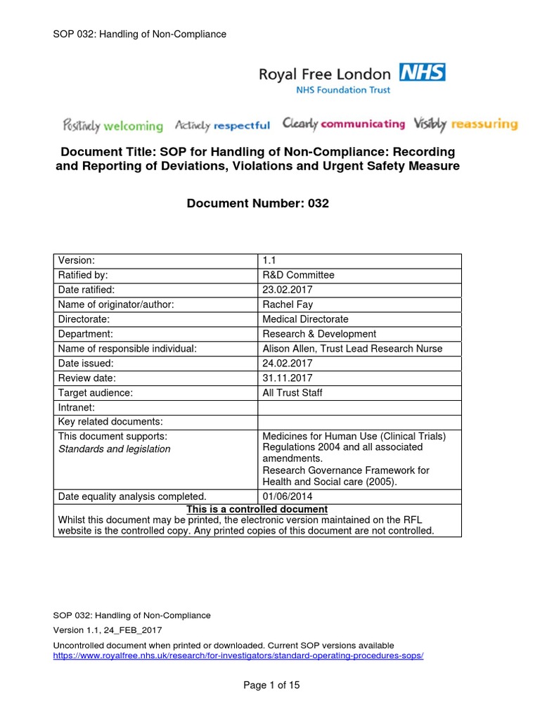 SOP 032 Handling of Non-Compliance v1.1 24 FEB 2017 PDF | PDF ...