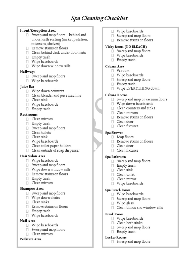 SOP Spa Cleaning Checklist | PDF | Bathroom | Home