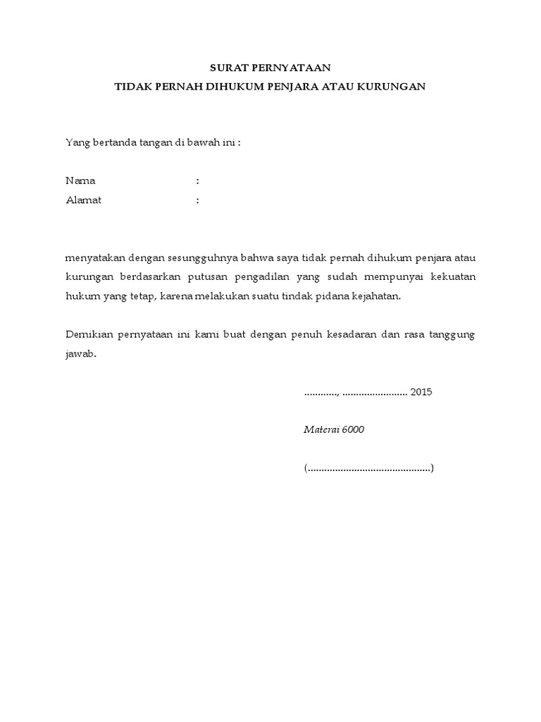 Contoh Surat Keterangan Tidak Pernah Dihukum Kumpulan