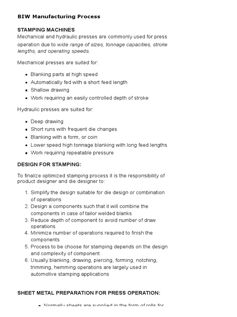 BIW Manufacturing Process BODY in WHITE PDF Sheet Metal Crafts