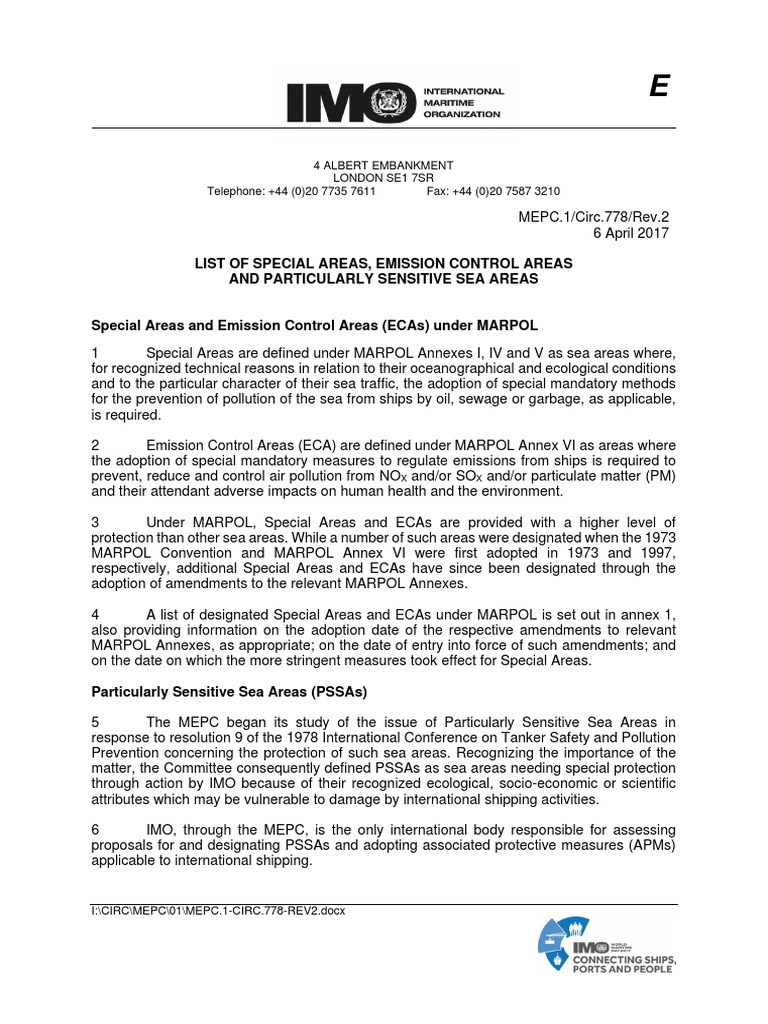 List of Special Areas, Emission Control Areas and Particularly