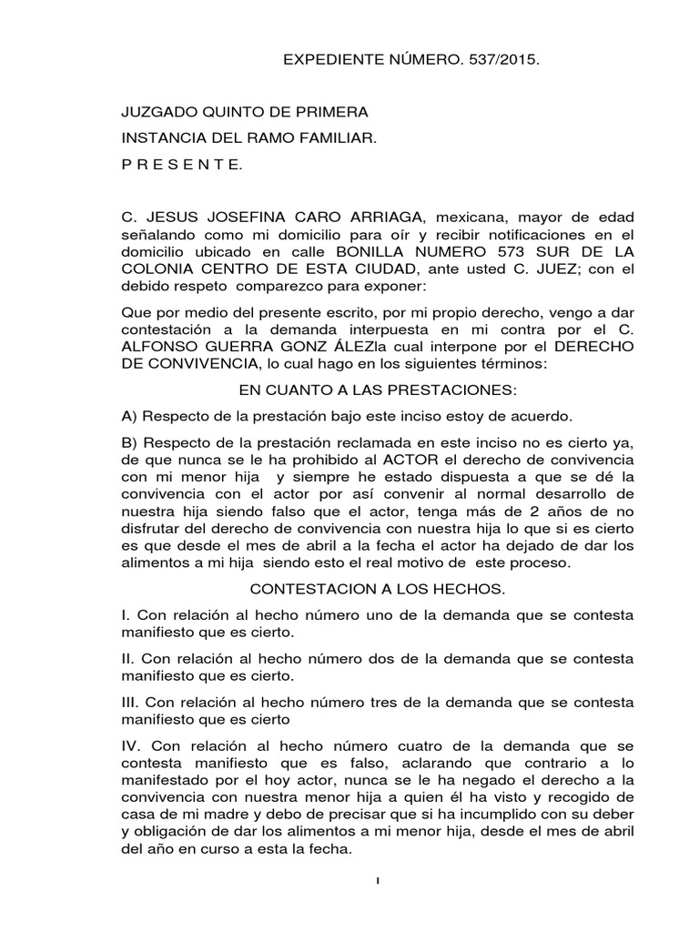 Contestación a Demanda de Convivencia Familiar | PDF | Demanda judicial ...