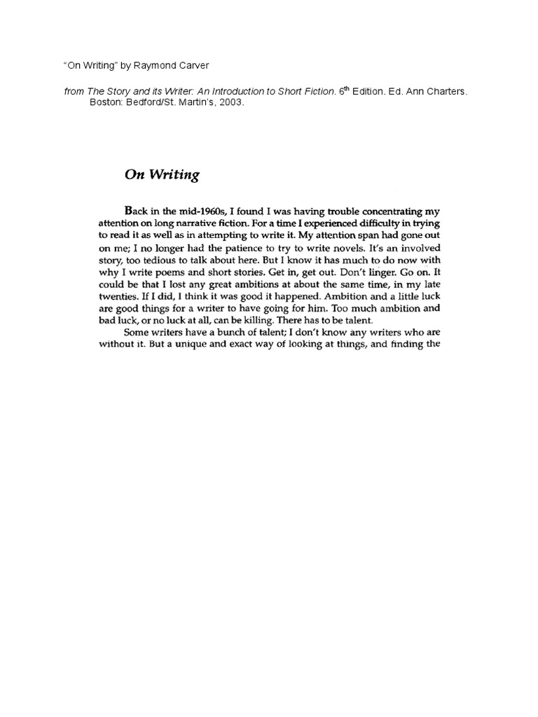 On Writing Raymond Carver PDF PDF