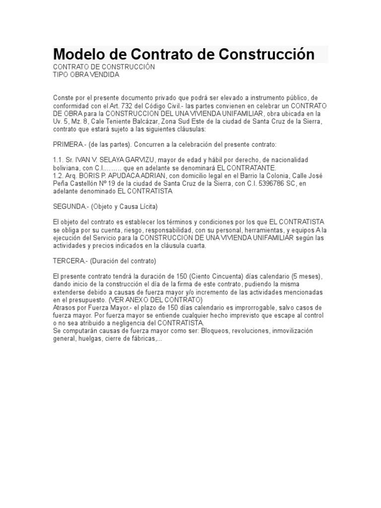 Modelo De Contrato De Obra De Construccion Bolivia Noticias Modelo